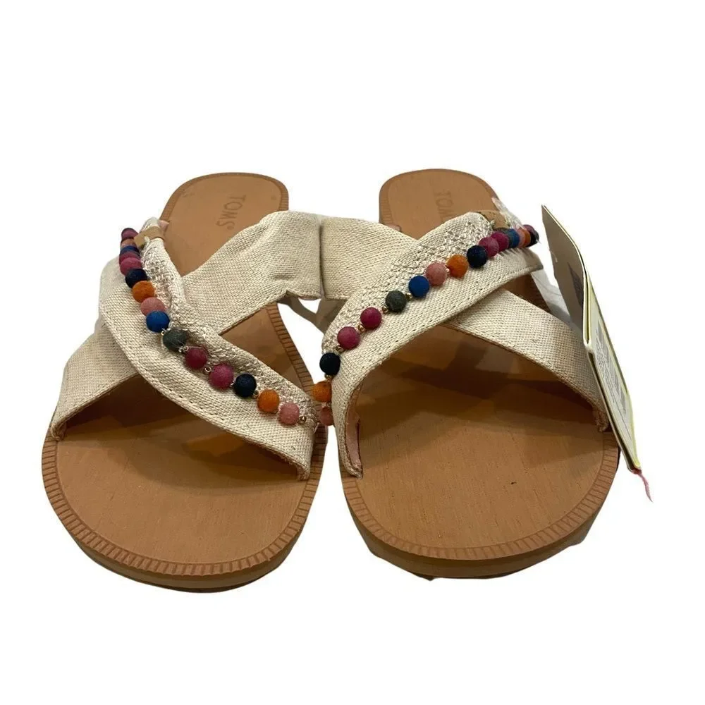 New With Tags Girls Toms Viv Hemp Pom Pom Embroidered Sandals Youth‎ Small